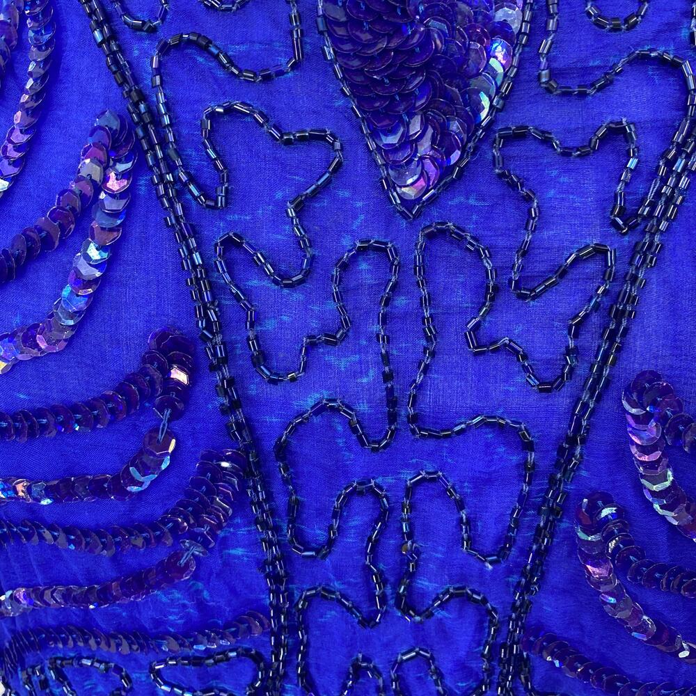 Vintage 80s Beaded Silk Top Short Sleeve Boatneck Pullover Sequins Blue Womens L - Picture 4 of 10